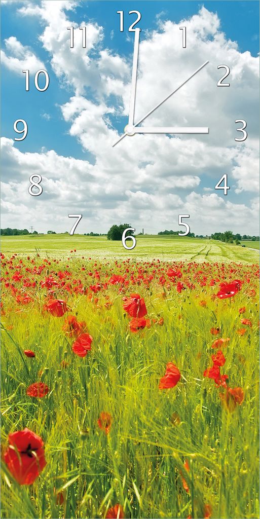Wallario Design Wanduhr bedruckt, Größe 30 x 60 cm, Motiv: Grüne Wiese mit Mohnblumen