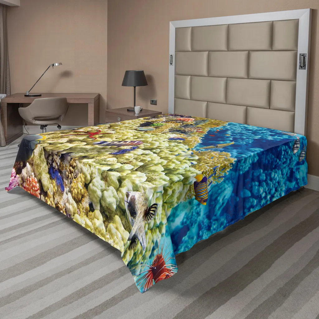 Drap plat décoratif motif Vie Marine et Océan profond pour lit 2 personnes
