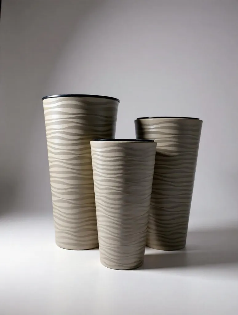 Lot de 3 grands pots de fleurs hauts ronds taupe 80cm 70cm 57cm robustes