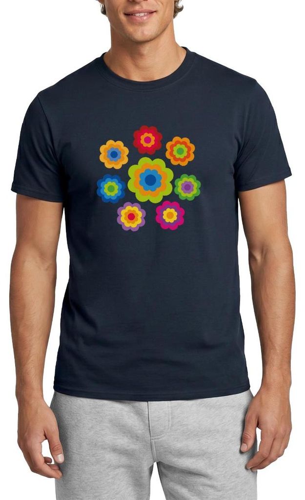 Spreadshirt 70er Jahre Hippie Flower Power Kostüm Blumen Fasching Männer T-Shirt, XL, Navy