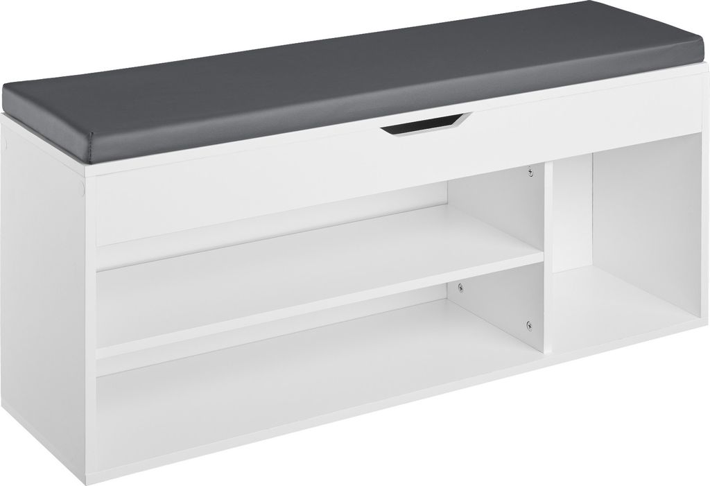 A white shoe bench with a gray cushion on top, shown from a front-side angle against a white background.