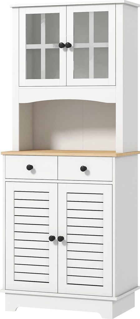 Küchenschrank mit Glastüren, 2 Schubladen, Geschirrschrank, Esszimmerschrank, Holz, 68 x 39,5 x 170 cm, Weiß