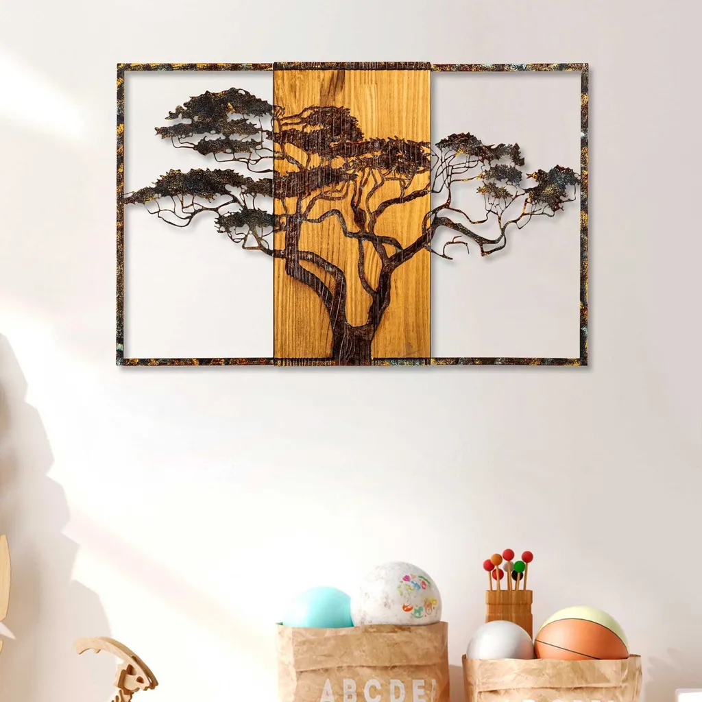 Décoration Murale Multicolore Acacia Tree 388-A en Bois et Métal 90x58cm