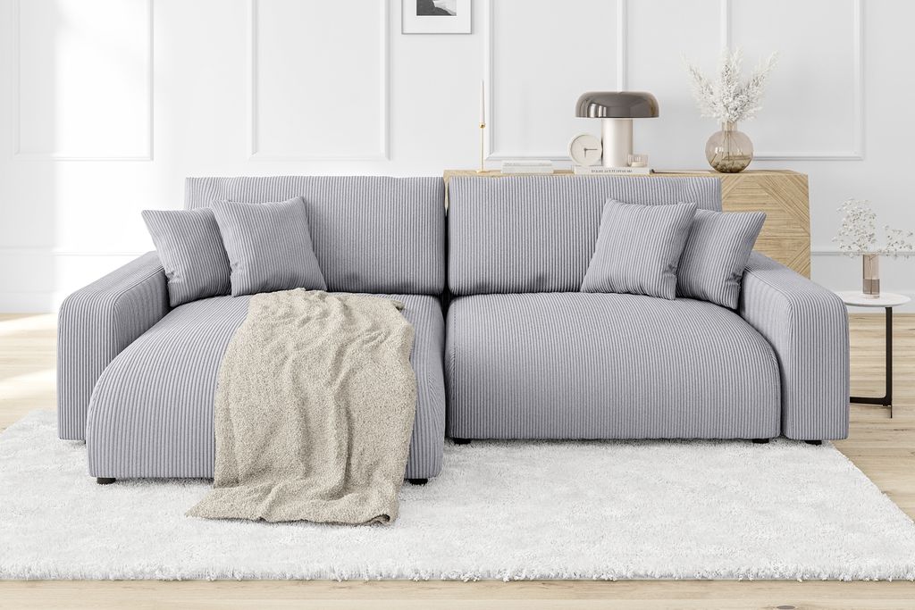 S-STYLE MÖBEL - Emma Ecksofa mit Schlaffunktion und Bettkasten in Cord-Stoff schöner Sitzkomfort, Ottomane links, B/T/H: 234 cm / 170 cm / 78 cm
