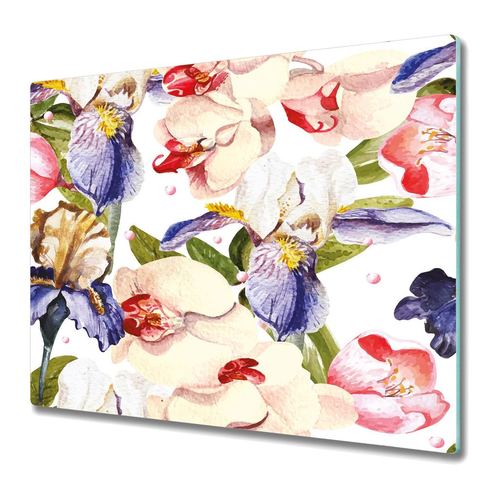 Küchenschneidebrett - Glasschneidebrett - Herdabdeckung - 60x52 - Iris und Orchideen