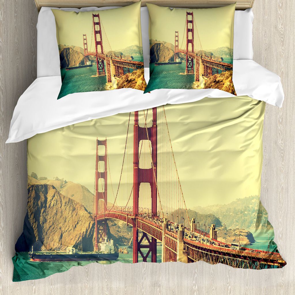 ABAKUHAUS Jahrgang Bettbezug, Old Style Bridge View, Milbensicher Allergiker geeignet mit Kissenbezügen, 200 cm x 200 cm - 80 x 80 cm, blau, Braun,