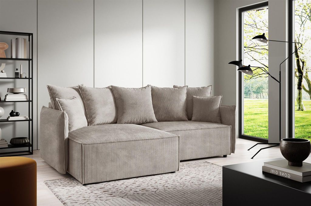 Ecksofa Schlafsofa Sofa MINEA in Stoff Poso Beige Ottomane Links
