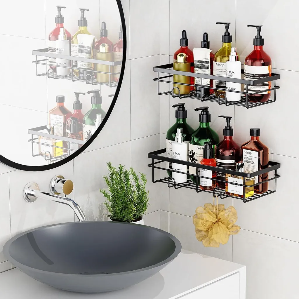 Étagère de douche noire sans perçage - Panier de rangement mural x2