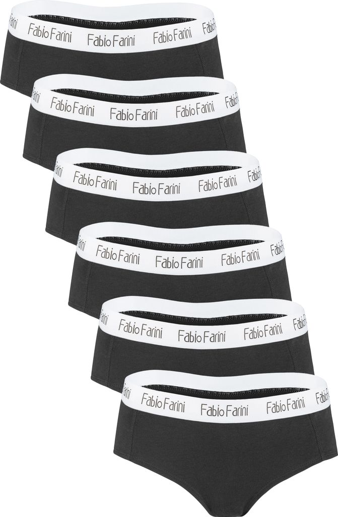 Fabio Farini - 6 Stück Damen Unterhosen - Frauen Hipster Panties aus elastischer Baumwolle im sportlich modernen Look mit Logo-Bund