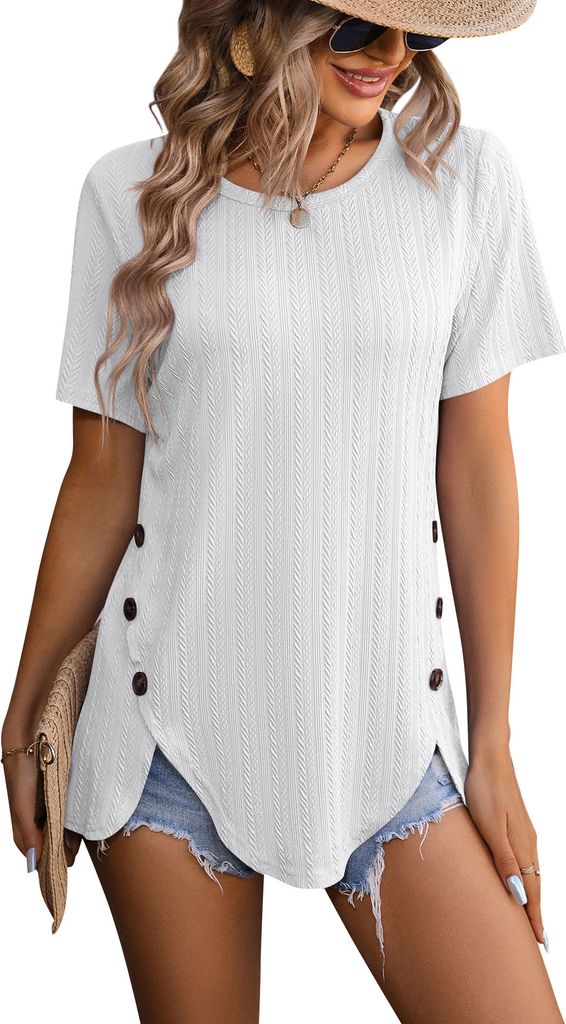 ASKSA Damen T-Shirt Rundhals Sommer Kurzarm Elegant Einfarbig Laessig Lose Gebogener Saum Tunika Oberteile (Weiss,L)