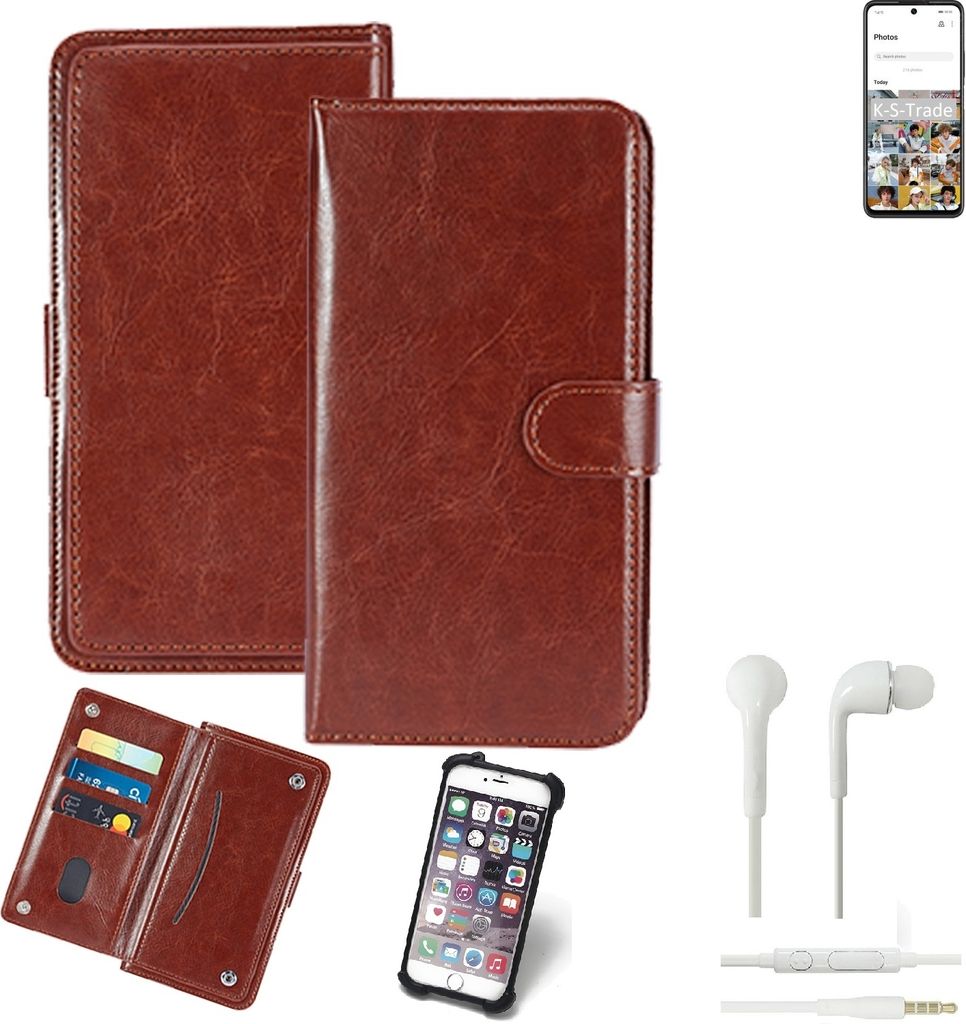 K-S-Trade 360° Hülle kompatibel mit Huawei P Smart 2021 inkl. Headphones braun Kunstleder Case BookCase WalletCase Kunstlederederhülle Handyhülle,