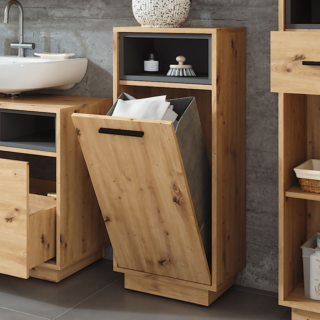 A modern bathroom with a wooden vanity and a laundry hamper.