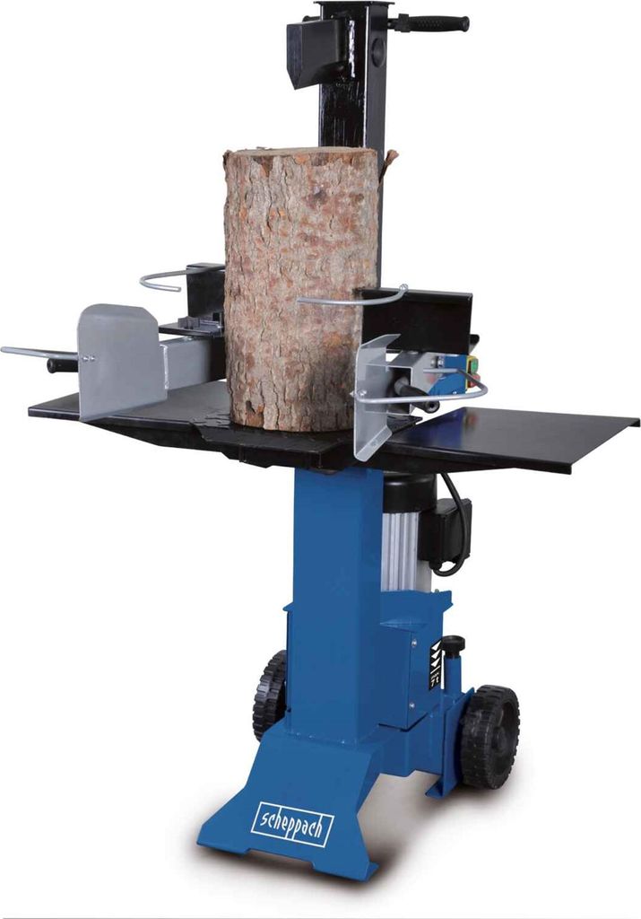 A blue and black log splitter with a log in place, shown against a white background.