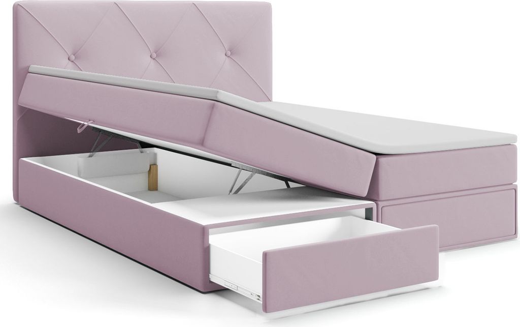 A pink boxspring bed with its storage drawers and lift-up mattress base open, revealing the storage space inside. The bed is shown from a slightly elevated side angle against a white background.