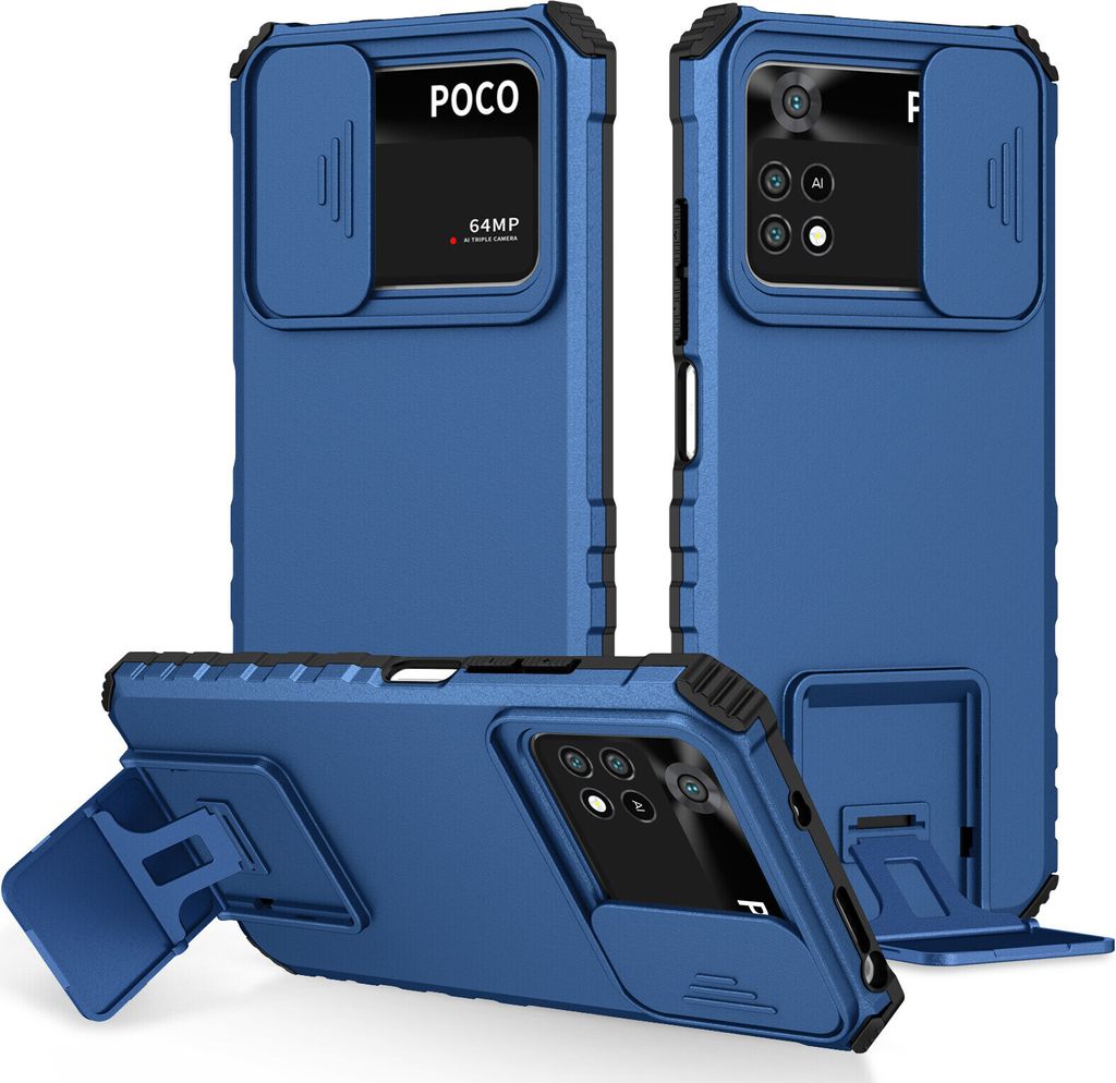 Xiaomi Poco M4 Pro 4G Hülle, Dual Layer Ständer Schutzhülle mit Schiebe Kamera Schutz für Xiaomi Poco M4 Pro 4G Blau