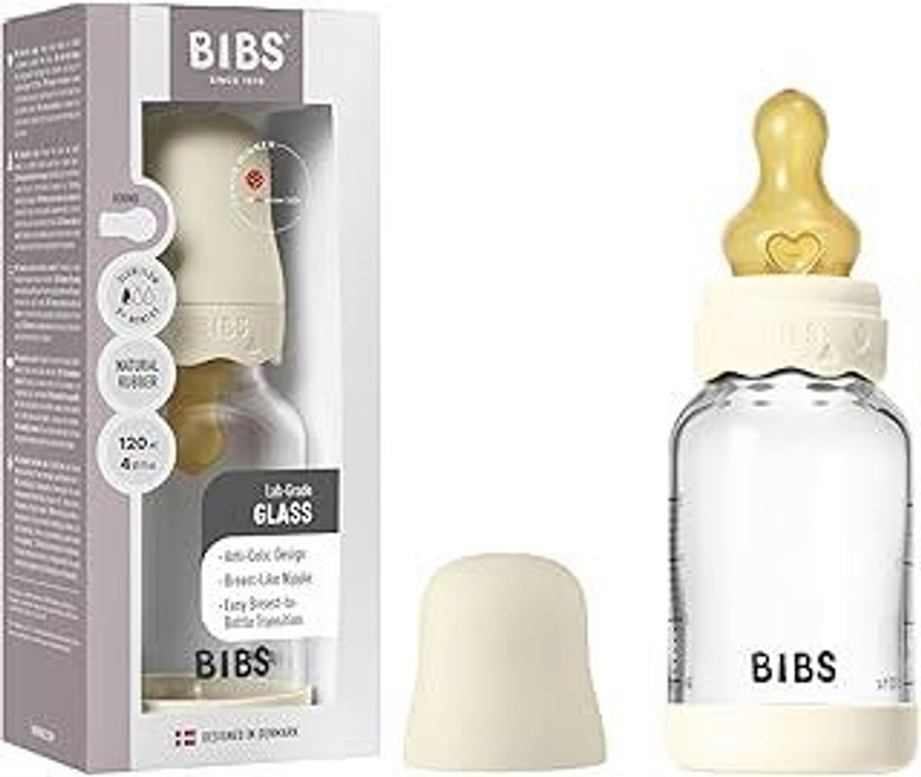BIBS Boheme Baby Glass Bottle 120ml, Vermindert Koliken, Runder Sauger aus Naturkautschuklatex, Unterstützt das Stillen. Hergestellt in Dänemark ...