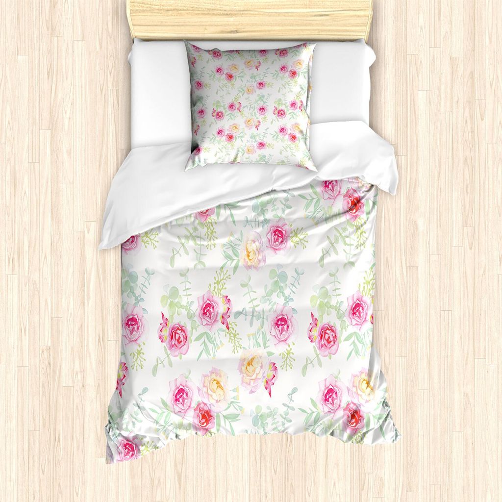 ABAKUHAUS Aquarell-Blumen Bettbezug Set, Schöne Farbige Rosen Vintage Alter Kunst Retro Malerei Frühlings Garten, 135 x 200 cm + 80 x 80 cm, Grü...