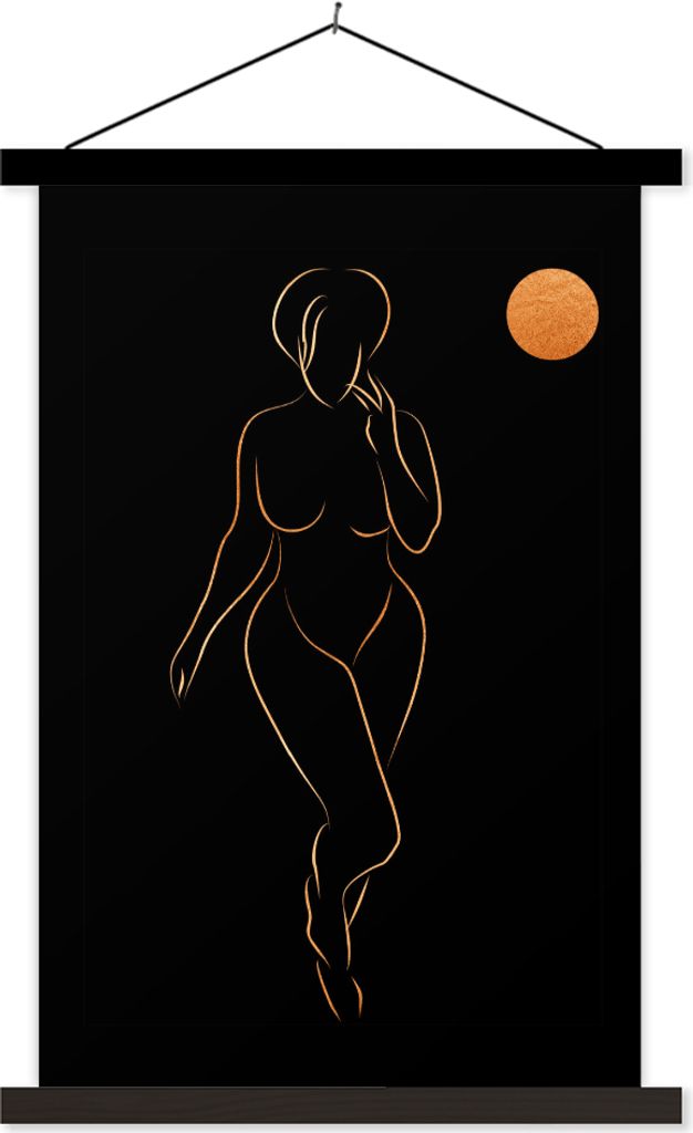 MuchoWow Textilposter Frau - Mond - Schwarz und Gold - Strichzeichnung 40x60 cm mit schwarzem Rahmen - Wanddekorationen
