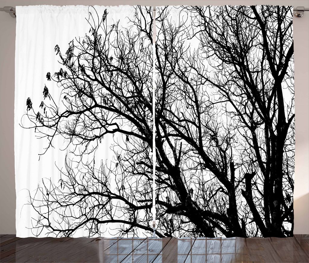ABAKUHAUS Natur Rustikaler Gardine, Herbst-Fall-Baum-Zweig, Schlafzimmer Kräuselband Vorhang mit Schlaufen und Haken, 280 x 245 cm, Schwarz und weiß