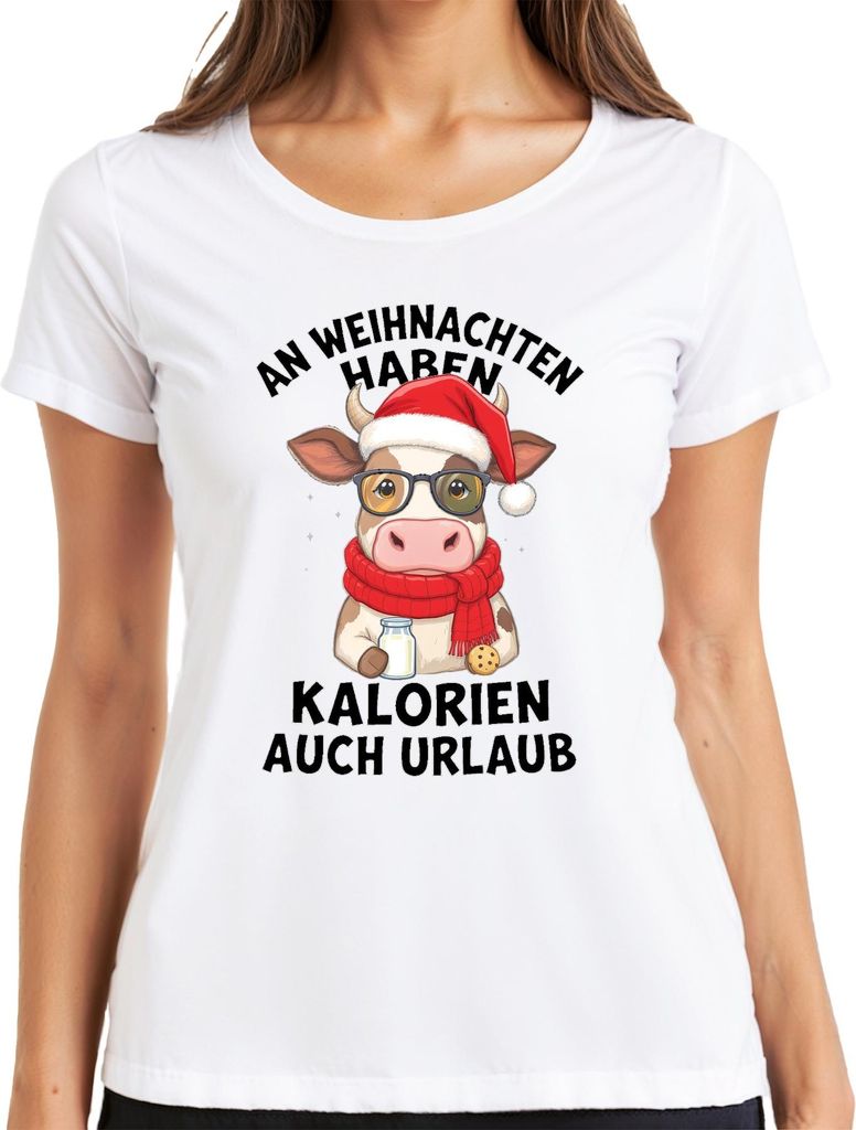 An Weihnachten haben Kalorien auch Urlaub Kuh Geschenk Lustig Damen T-Shirt, Weiß, XL