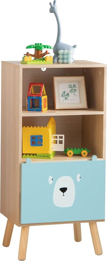 A children's bookshelf with toys on it, against a white background.