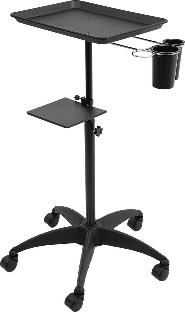Friseurwagen Salonwagen - 2‐Etagen Trolley - Höhenverstellbar 68–101 cm - 2 Ablagen + 2 Seitenbehälter - 5 drehbare Nylonrollen - Traglast 7,...