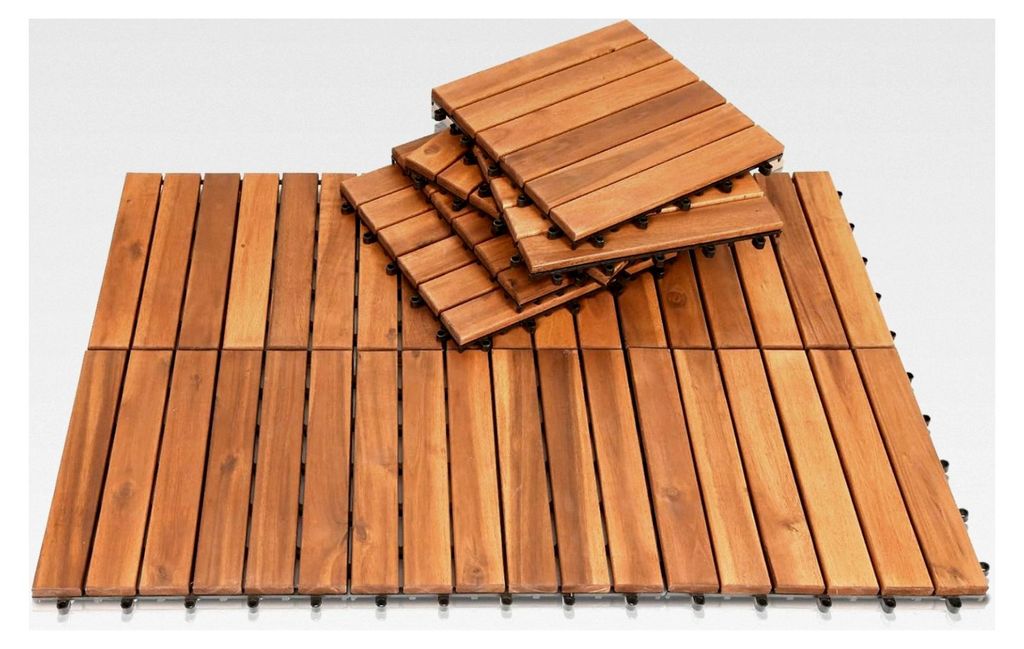 11 Stück Holzfliesen Akazie Mosaik, Holzfliesen für Balkon aus Akazienholz 30x30CM Fliese Stecksystem Mosaik zuschneidbar Terrasse Balkon (1m²)