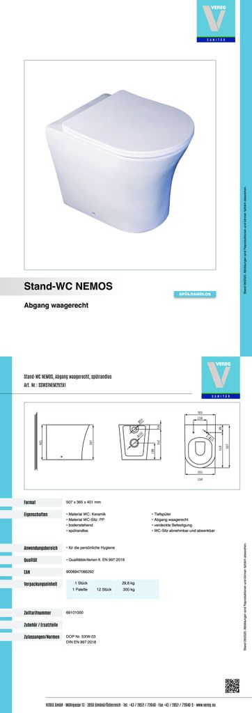 Verosan Design Stand-WC Set Nemos spülrandlos inkl. WC-Sitz Produktbild 6