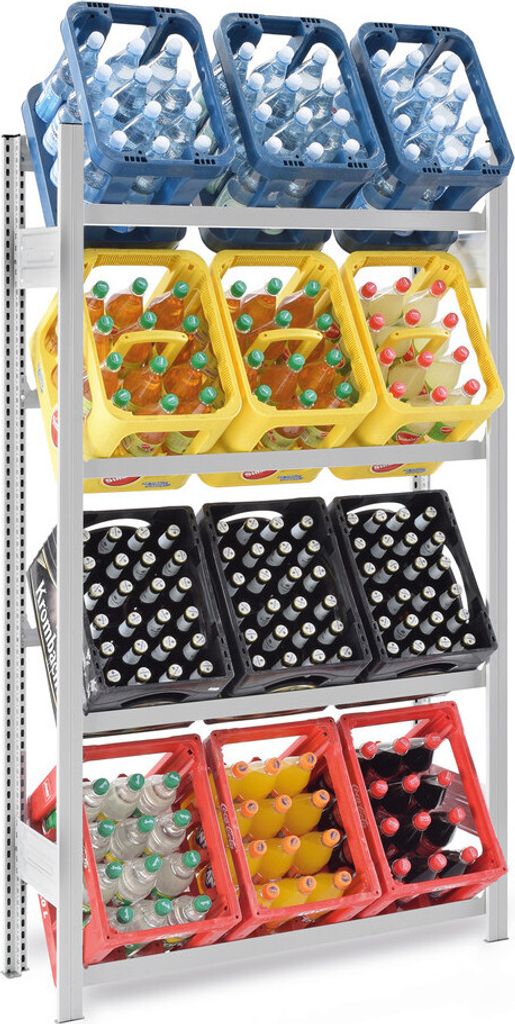 PROREGAL Getränkekistenregal Stecksystem MAGNUS Germany | HxBxT 175x100x30cm | Fachlast 100kg | 4 Ebenen für 12 Getränkekisten | Lichtgrau