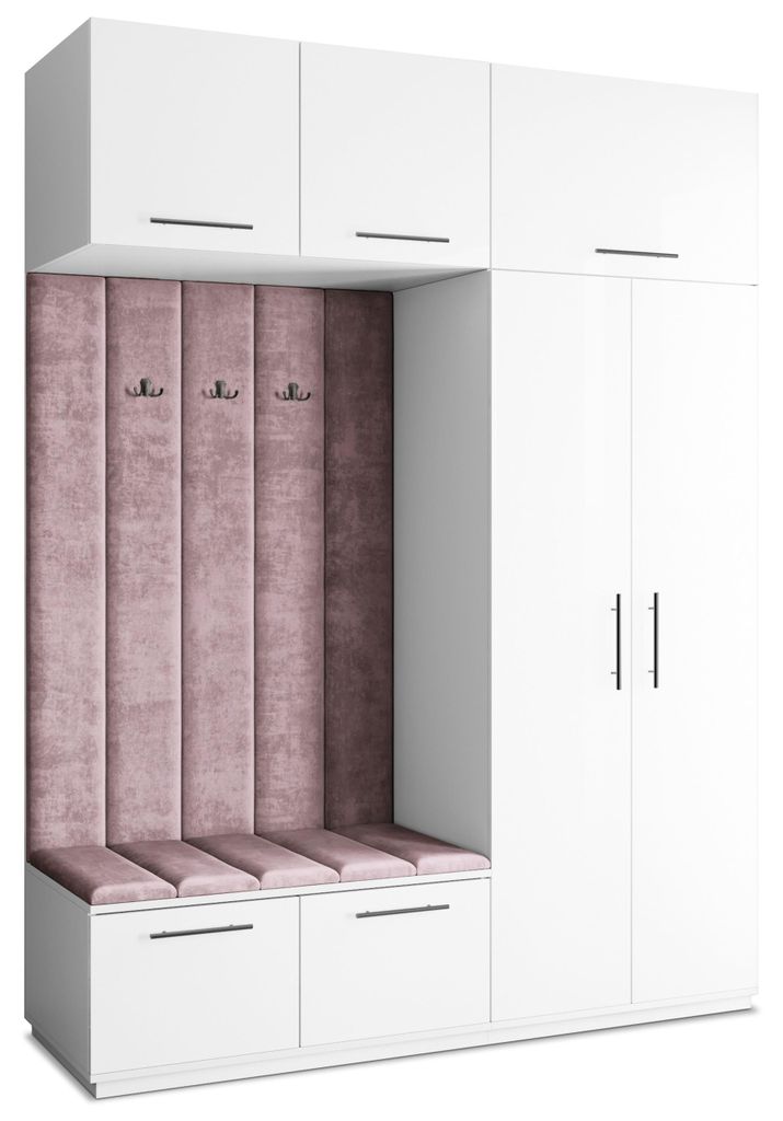 Masseno Garderobe-Set REMA 180/240/60 cm Modern Garderobenschrank Weiß, Veloursstoff MONOLITH 62 (Lila)