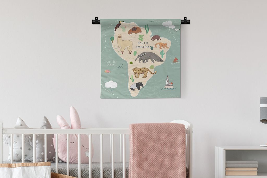 MuchoWow Wandteppich Wandbehang Weltkarte Kinder - Tiere - Türkis - Jungen - Blau - Kinder 60x60 cm Tapisserie Dekoration Wandtuch - Dekoratione...