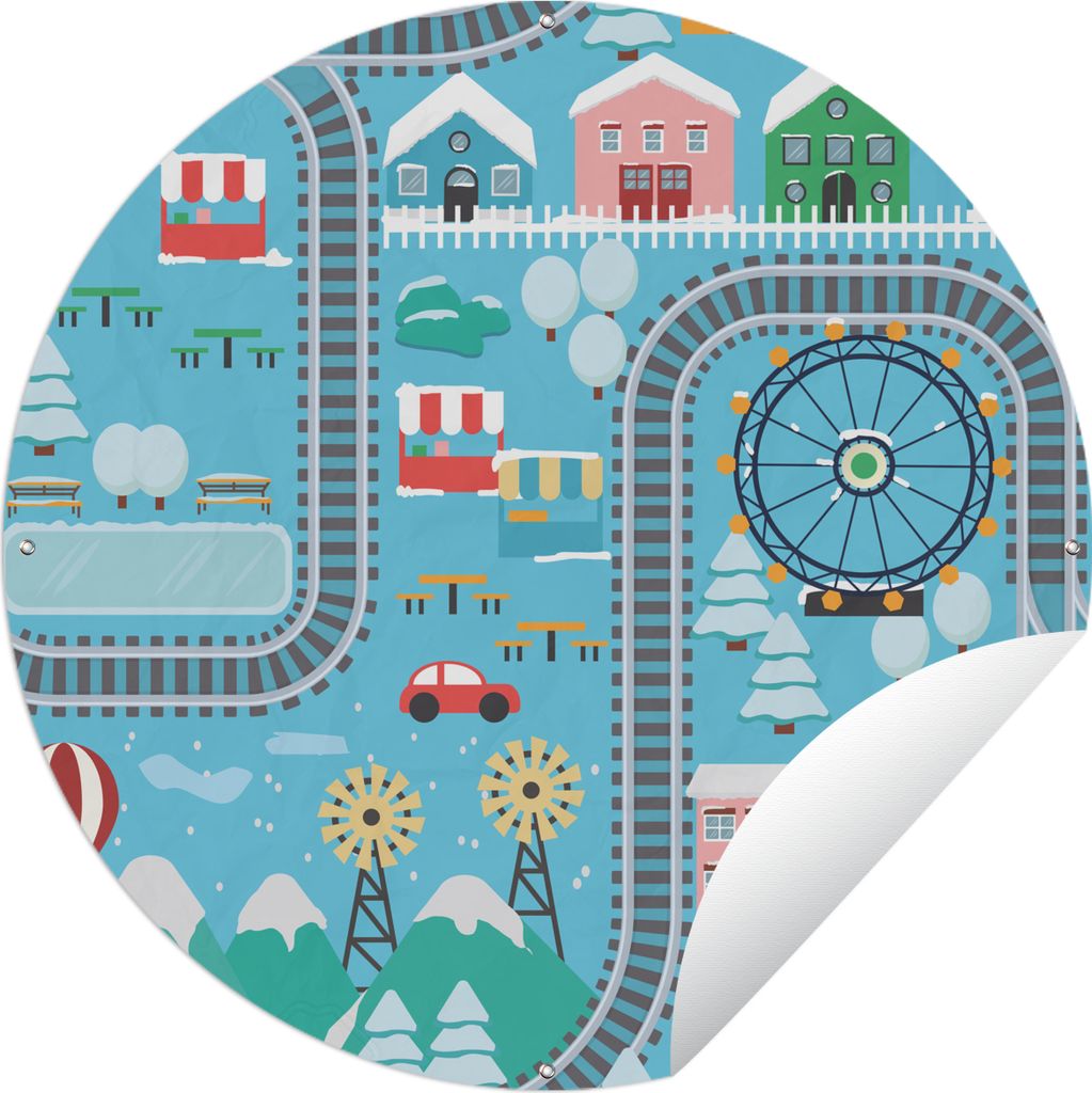 MuchoWow Gartenposter Outdoor-Poster Rund Winter - Zug - Schnee - Blau Ø 90 cm Gartendeko Rundes Poster draußen