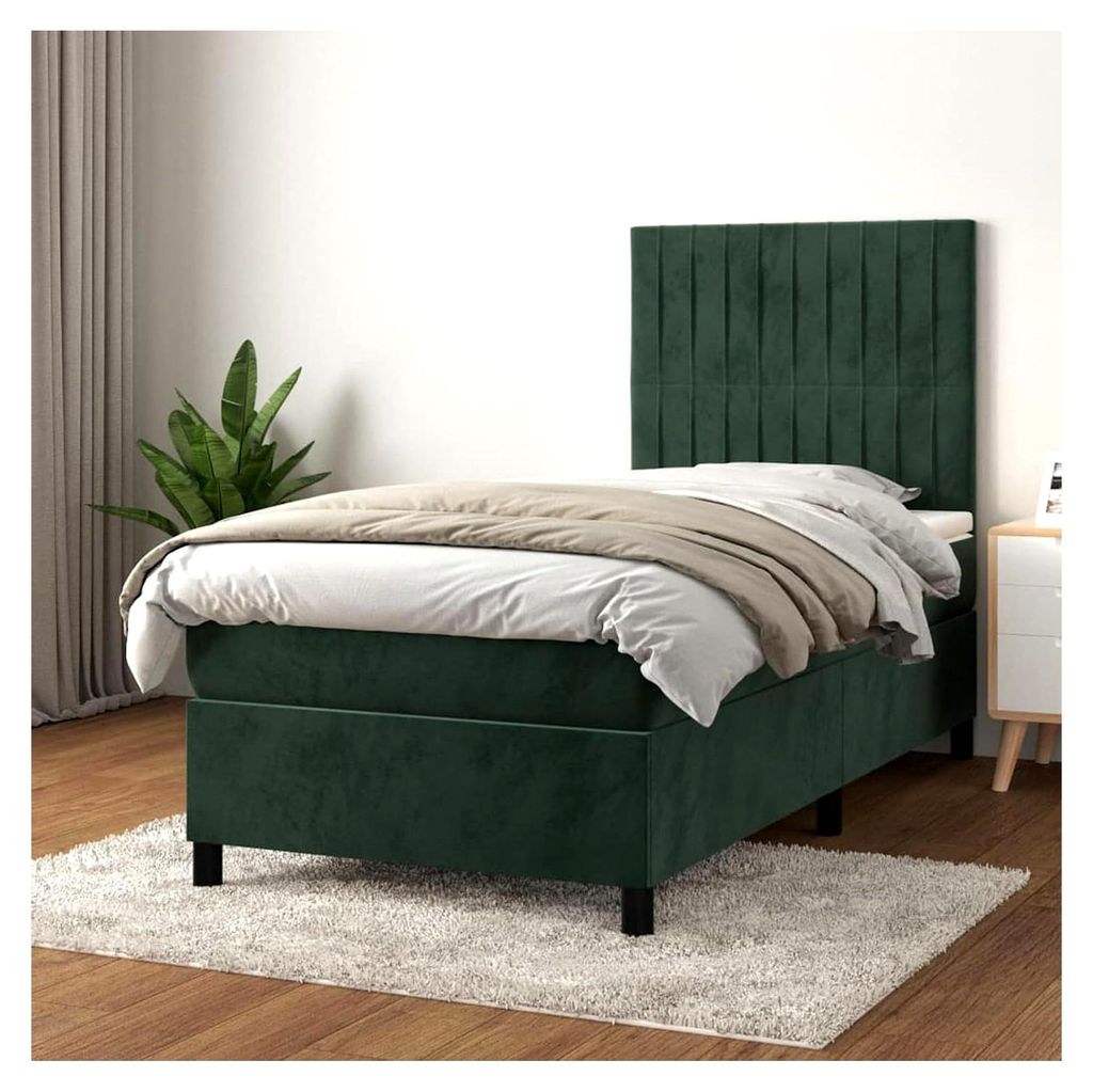 Boxspringbett Dunkelgrün, Samt, 203x90x118/128 cm, Mittelharte Matratze, Taschenfederkern