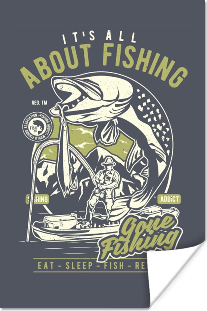 MuchoWow Poster Fisch - Boot - Rute - Vintage 60x90 cm - Wanddekoration