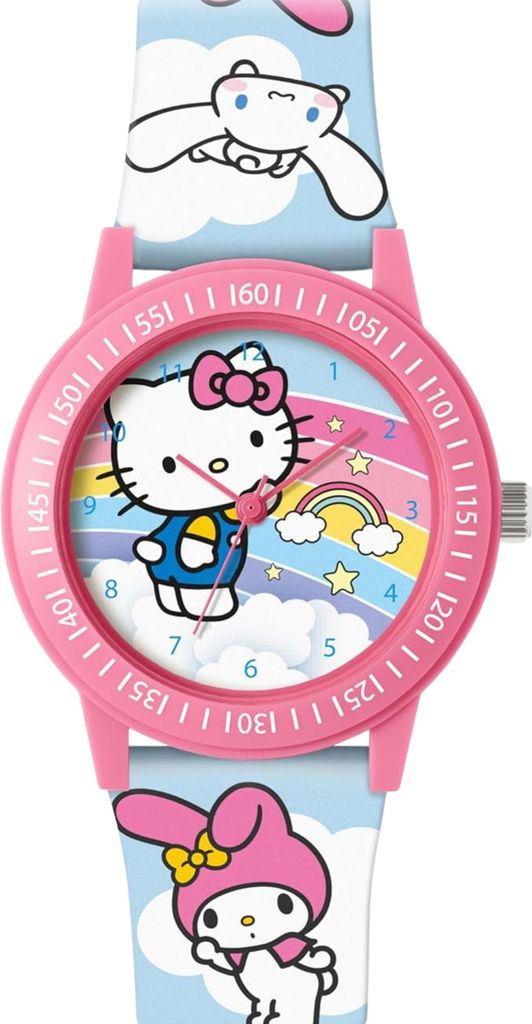 A close-up of a children's watch with Hello Kitty and My Melody characters.