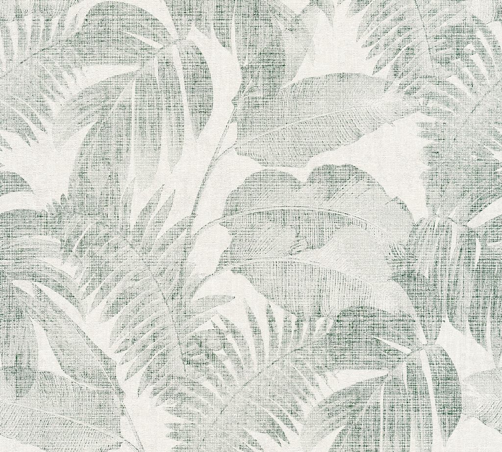 A pattern of large tropical leaves on a textured background.