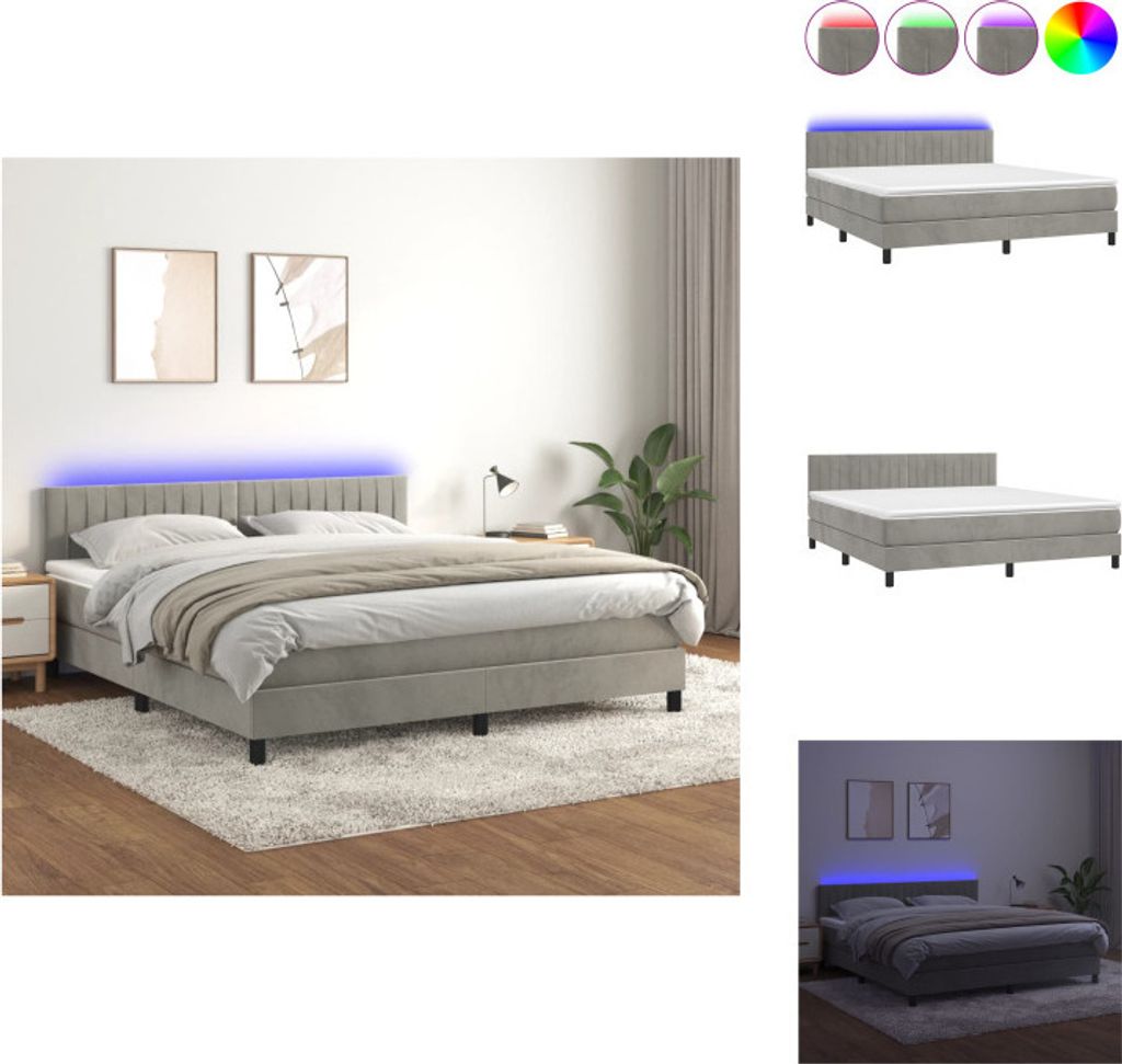 vidaXL Boxspringbett mit Matratze & LED Hellgrau 180x200 cm Samt - Betten & Bettgestelle