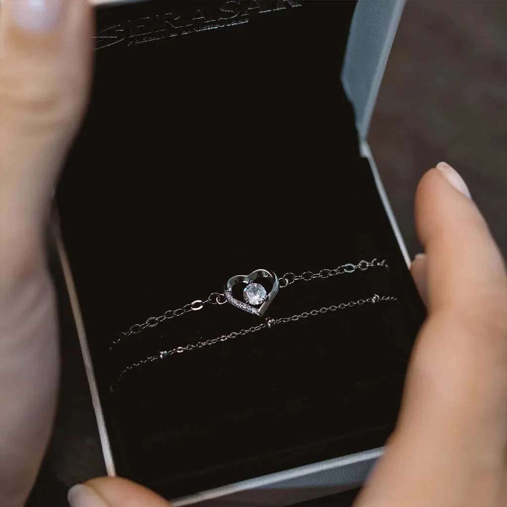 Chaîne de Cheville en Argent 925 Noir avec Pendentif Cœur 28cm - 8