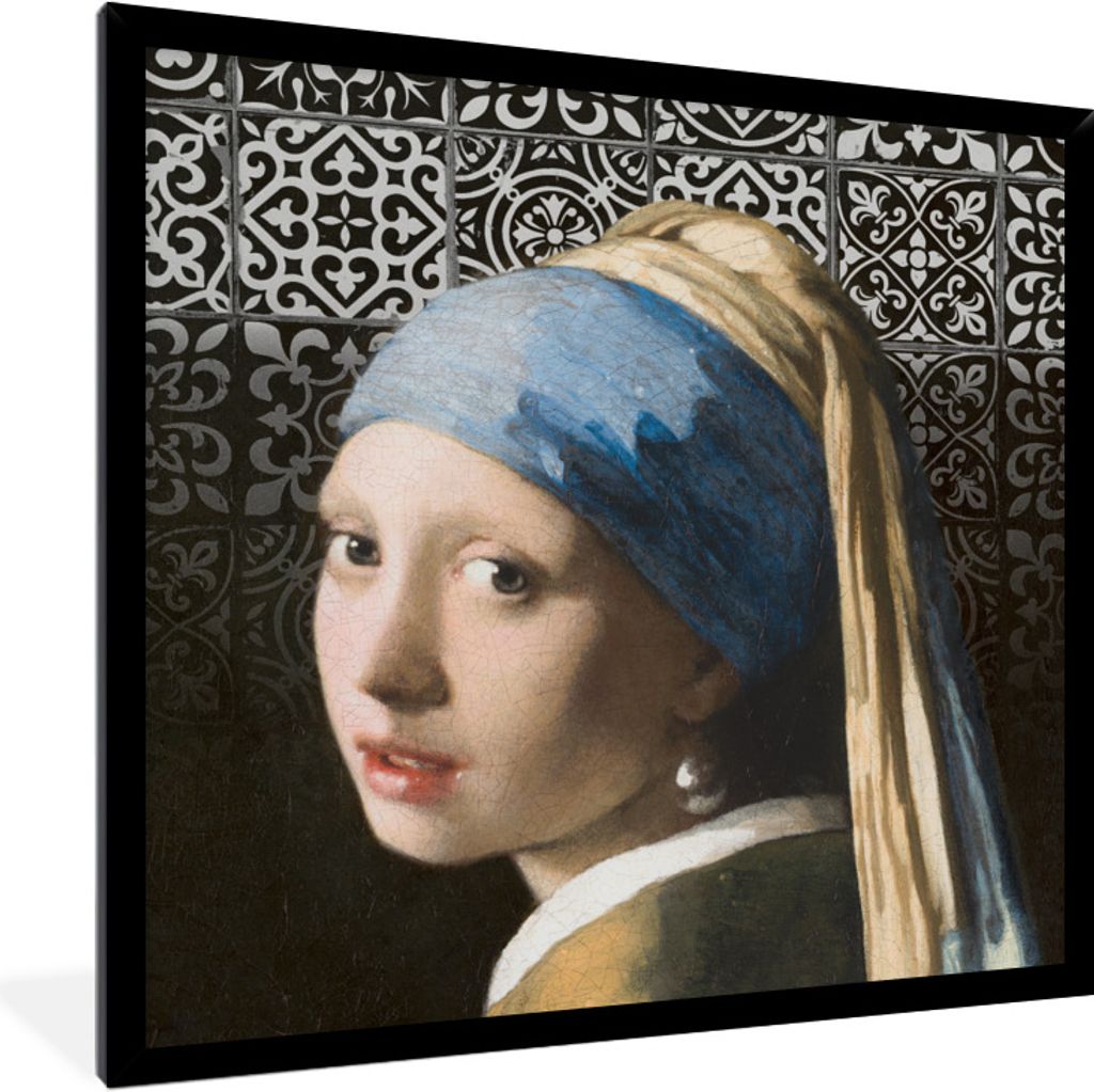 MuchoWow Gerahmtes Poster Vermeer - Mädchen mit Perlenohrring - Kacheln 40x40 cm - Poster mit Schwarzem Bilderrahmen Wandposter Rahmen Foto Bild...