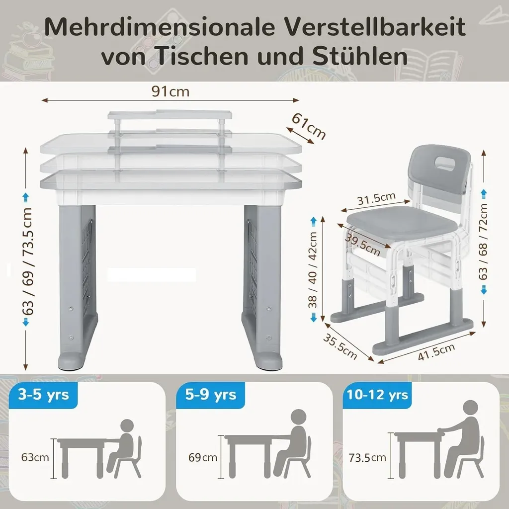 Bureau enfant avec chaise réglable Noir - Ensemble MDF E0 et Acier
