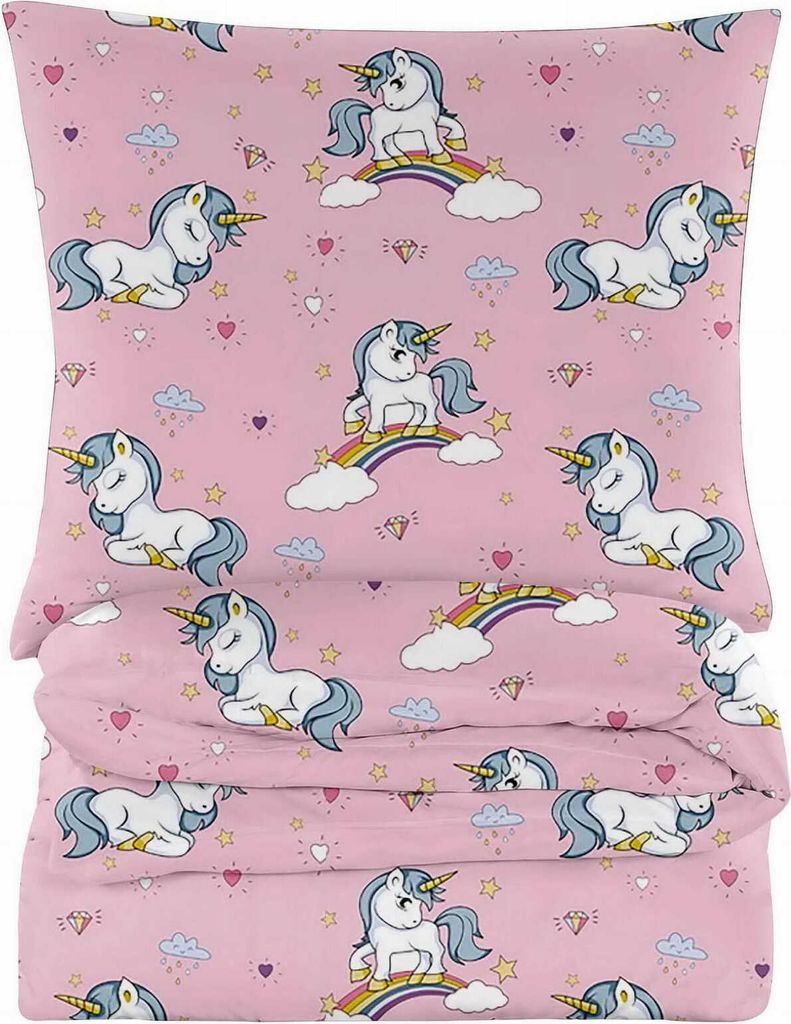 A folded pink duvet cover and pillowcase set with a repeating pattern of unicorns on rainbows, clouds, stars, and hearts.