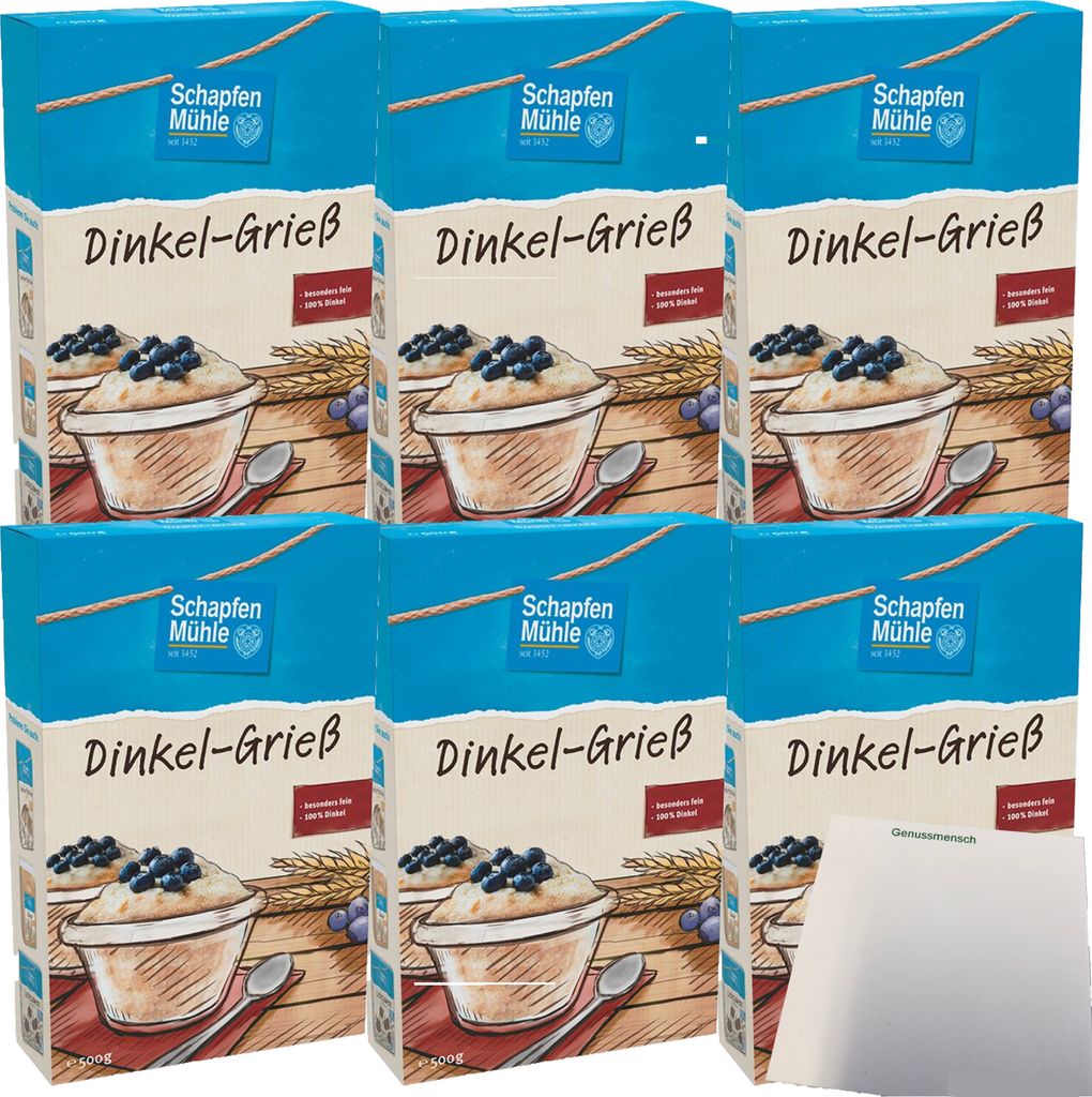Schapfenmühle Dinkel Grieß 6er Pack (6x500g Packung) + usy Block