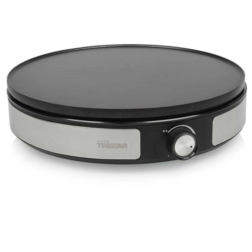 A product shot of a crepe maker on a white background.