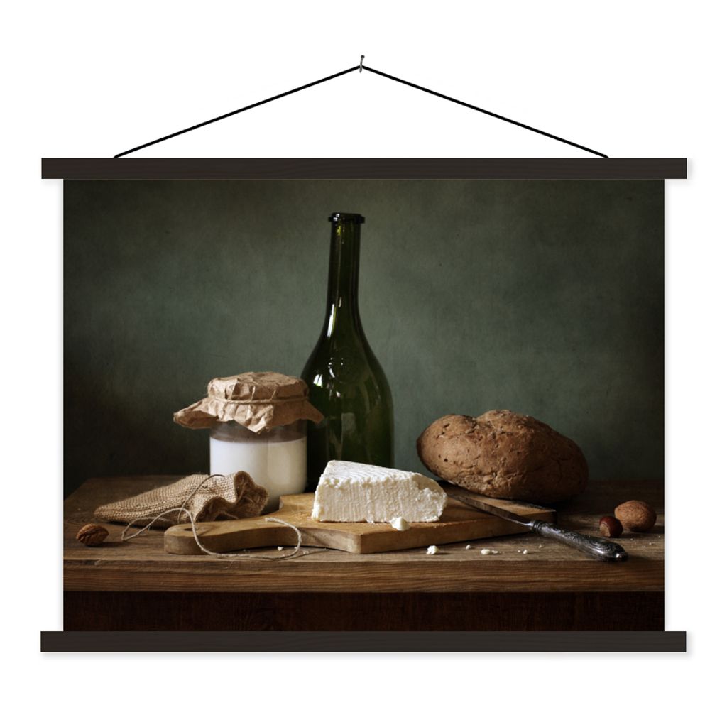 MuchoWow Textilposter Rustikal - Brie - Stillleben - Flasche - Brot 150x113 cm mit holzfarbenen Rahmen - Poster