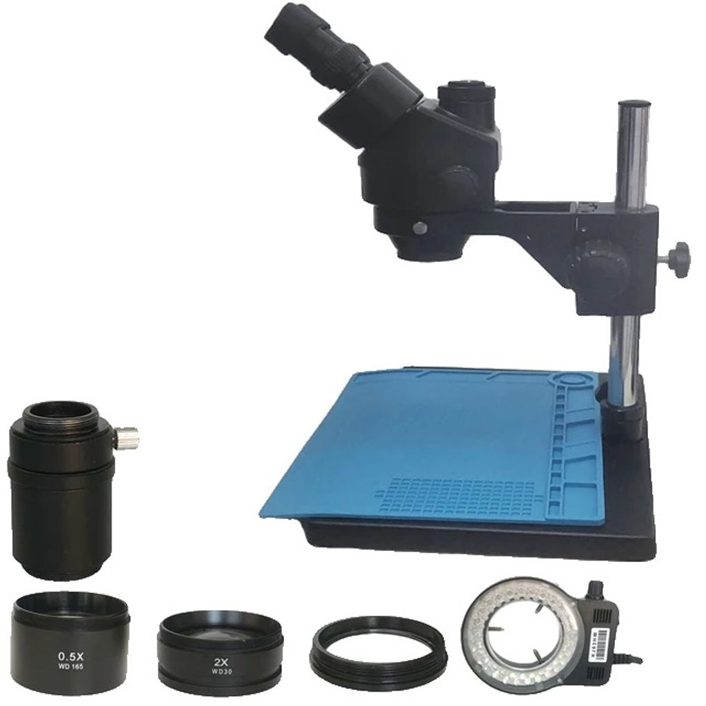 Stereo-Zoom-Mikroskop, trinokularer Kopf, Tischständer, 3,5X-90X mit Pad