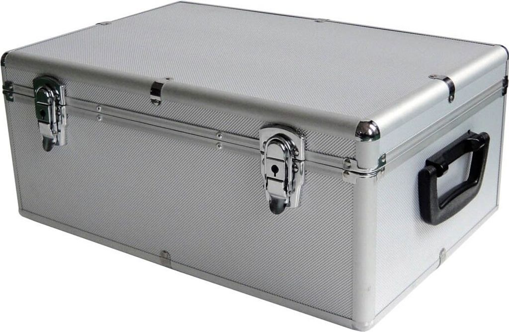 A silver-colored storage case with black handles and metal latches, presented on a white background.