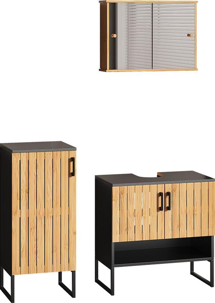 Vicco Badmöbel-Set Vayra, 3 Teile, Bambus/Schwarz