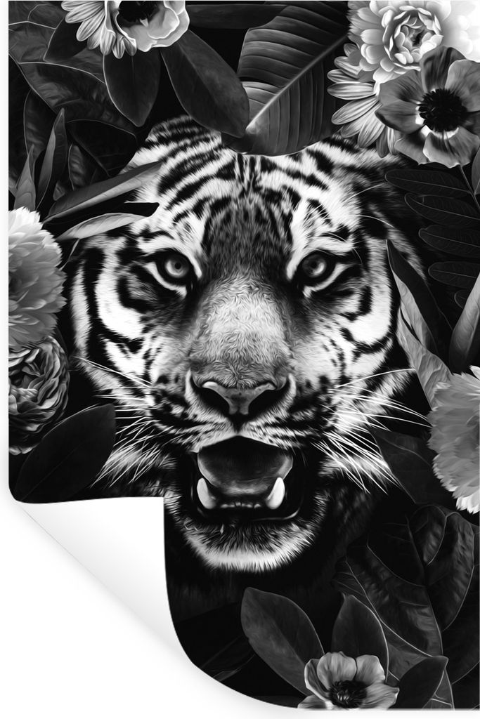 MuchoWow Wandtattoo Wandsticker Wandaufkleber Tigerkopf zwischen Blumen - schwarz und weiß 60x90 cm Selbstklebend und Repositionierbar - Sticker...