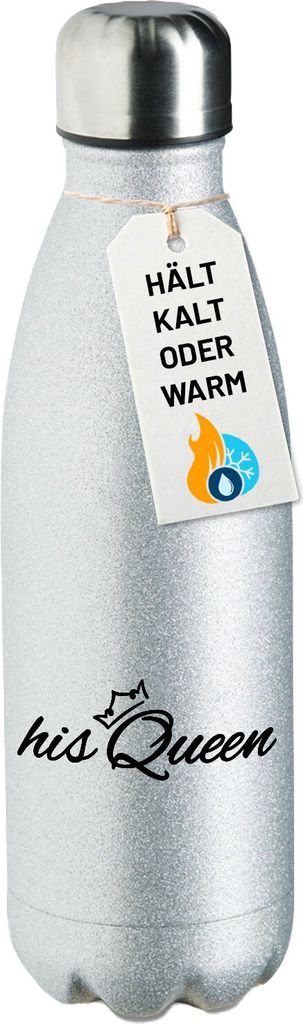 Huuraa Trinkflasche his Queen Krone 500ml Silver Edelstahl Wasserflasche Trinkflasche Geschenkidee