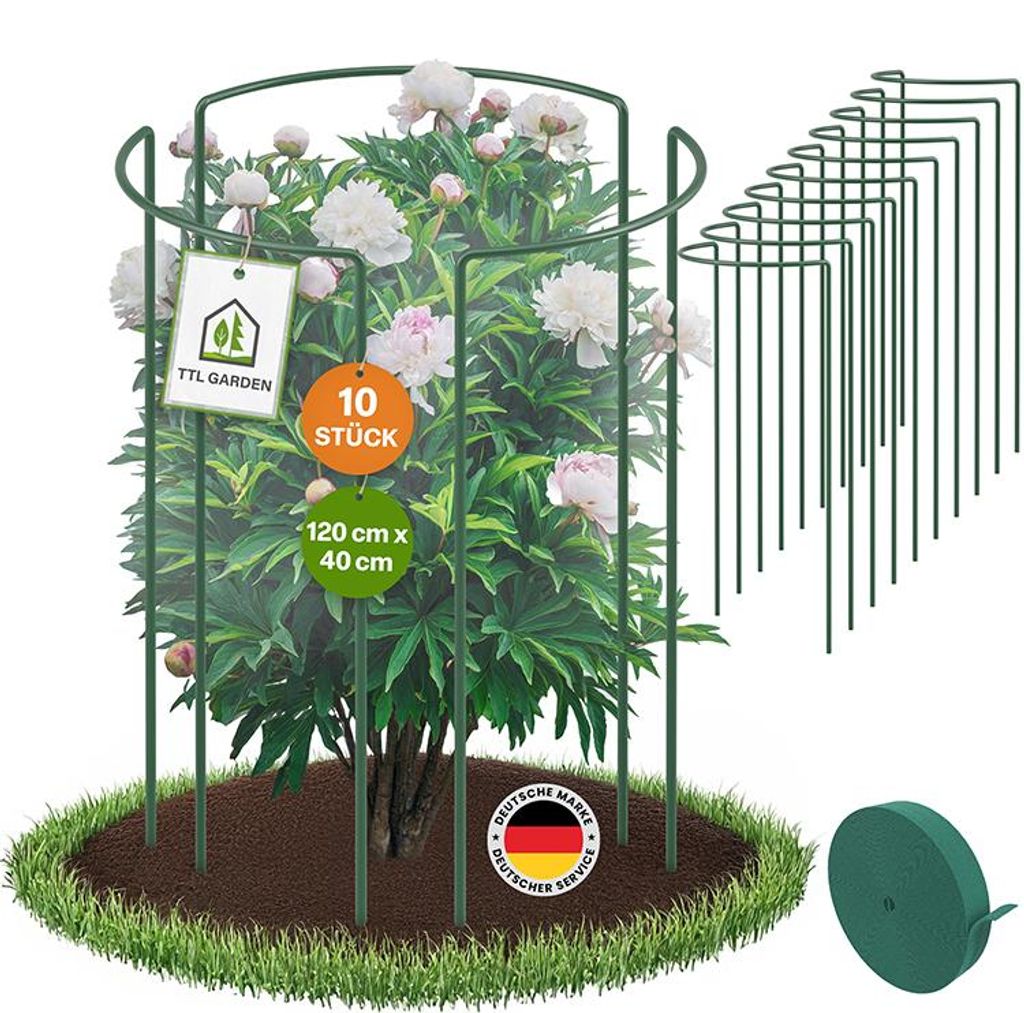 TTL GARDEN Strauchstützen 120x40cm 10er Set + Klettband Pflanzenstütze grün